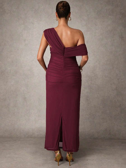 Elegant Solid Color Ruched Asymmetric Neck Slit Maternity Dress, Summer