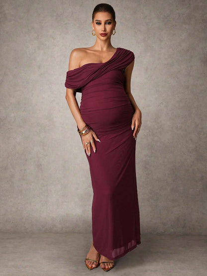 Elegant Solid Color Ruched Asymmetric Neck Slit Maternity Dress, Summer