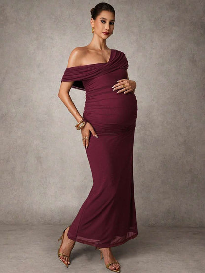 Elegant Solid Color Ruched Asymmetric Neck Slit Maternity Dress, Summer