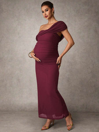 Elegant Solid Color Ruched Asymmetric Neck Slit Maternity Dress, Summer