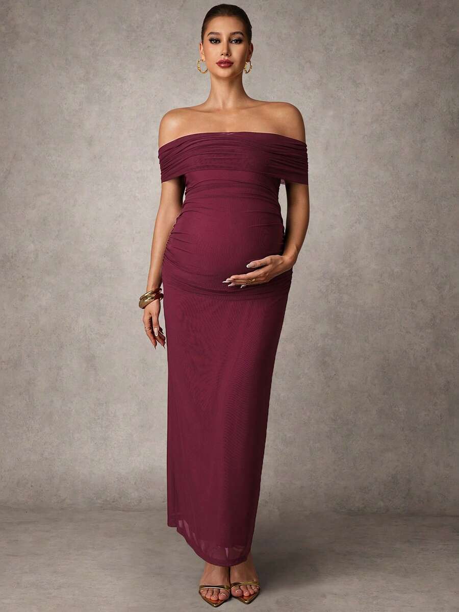 Elegant Solid Color Ruched Asymmetric Neck Slit Maternity Dress, Summer