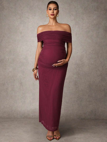 Elegant Solid Color Ruched Asymmetric Neck Slit Maternity Dress, Summer