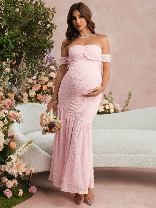 Summer Maternity Jacquard Off-Shoulder Dress For Baby Shower,Formal,Pregnant Women,Bump Friendly Pregnancy Dress For Photoshoot