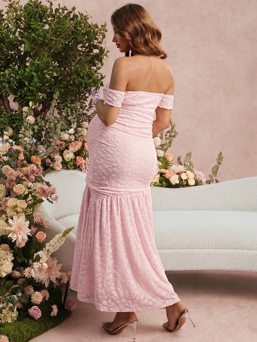 Summer Maternity Jacquard Off-Shoulder Dress For Baby Shower,Formal,Pregnant Women,Bump Friendly Pregnancy Dress For Photoshoot
