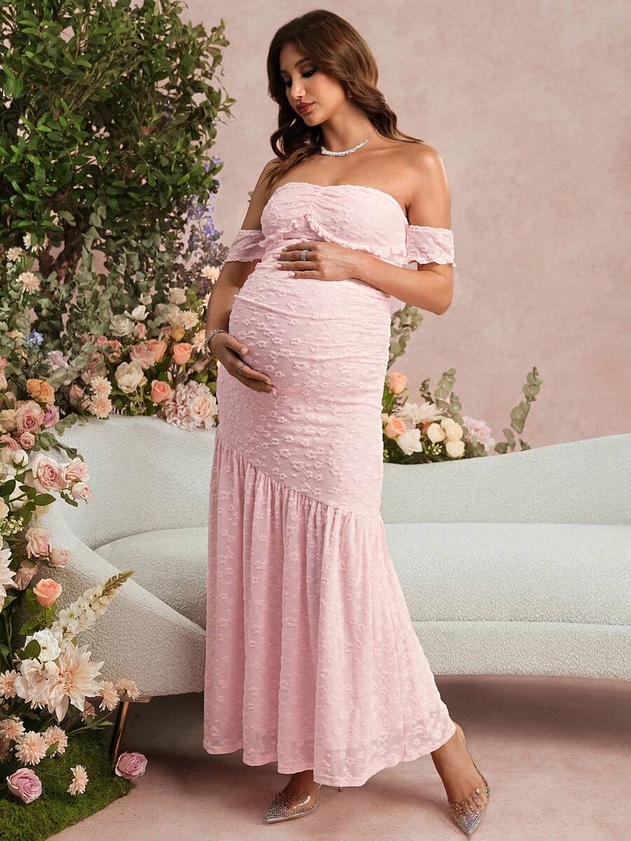Summer Maternity Jacquard Off-Shoulder Dress For Baby Shower,Formal,Pregnant Women,Bump Friendly Pregnancy Dress For Photoshoot