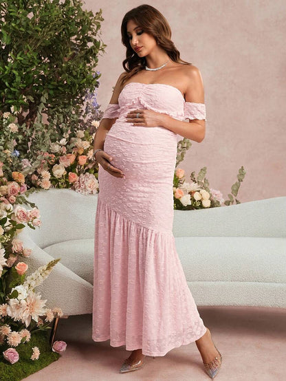 Summer Maternity Jacquard Off-Shoulder Dress For Baby Shower,Formal,Pregnant Women,Bump Friendly Pregnancy Dress For Photoshoot
