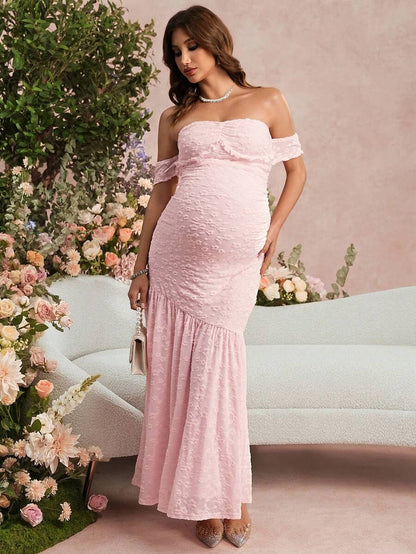 Summer Maternity Jacquard Off-Shoulder Dress For Baby Shower,Formal,Pregnant Women,Bump Friendly Pregnancy Dress For Photoshoot