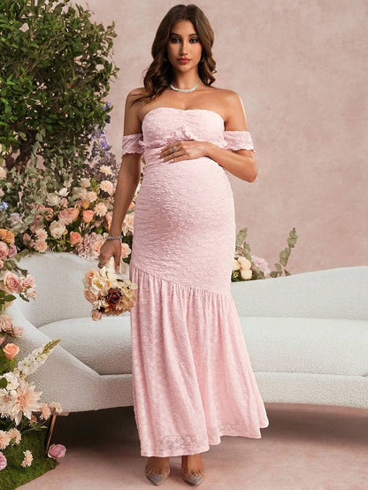 Summer Maternity Jacquard Off-Shoulder Dress For Baby Shower,Formal,Pregnant Women,Bump Friendly Pregnancy Dress For Photoshoot