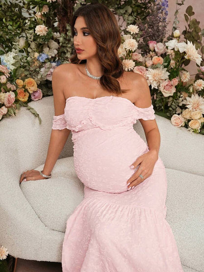 Summer Maternity Jacquard Off-Shoulder Dress For Baby Shower,Formal,Pregnant Women,Bump Friendly Pregnancy Dress For Photoshoot