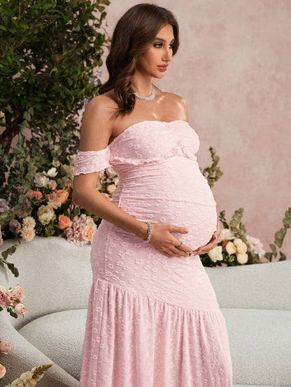 Summer Maternity Jacquard Off-Shoulder Dress For Baby Shower,Formal,Pregnant Women,Bump Friendly Pregnancy Dress For Photoshoot