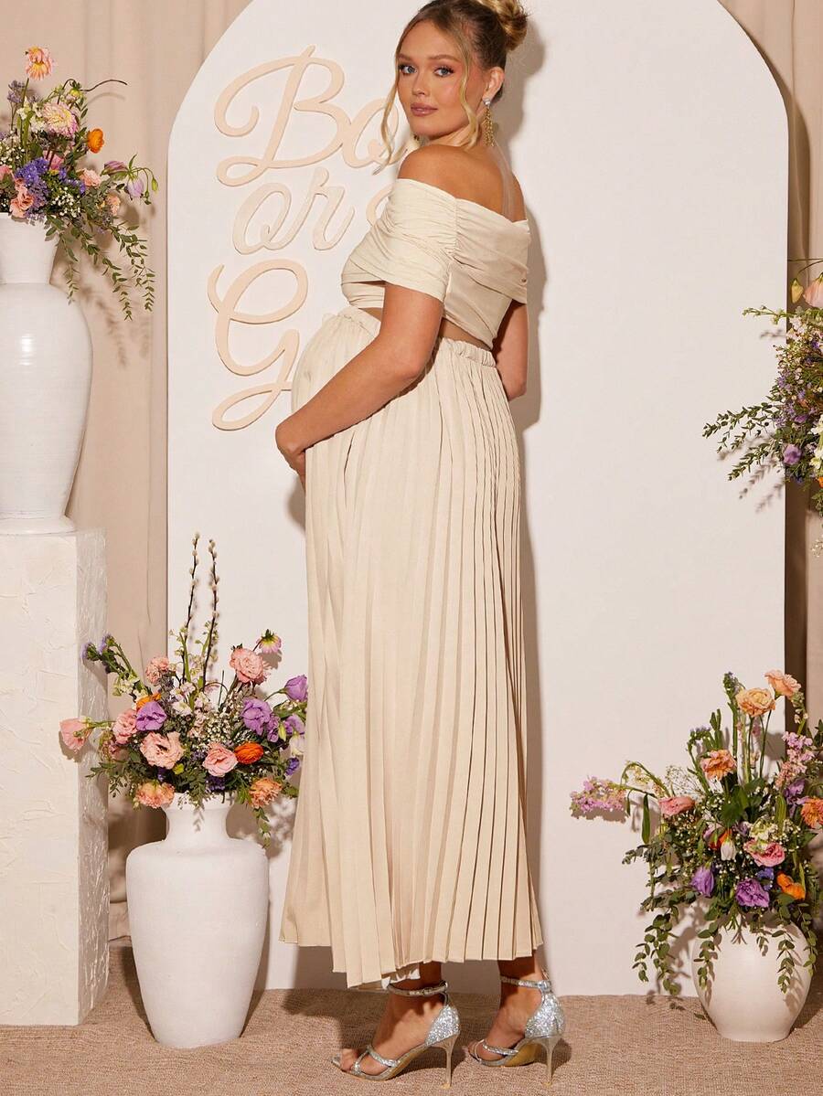 Maternity 2 Piece Set Off Shoulder Short Sleeve Top and Long Skirt Khaki for Baby Shower and Photoshoot