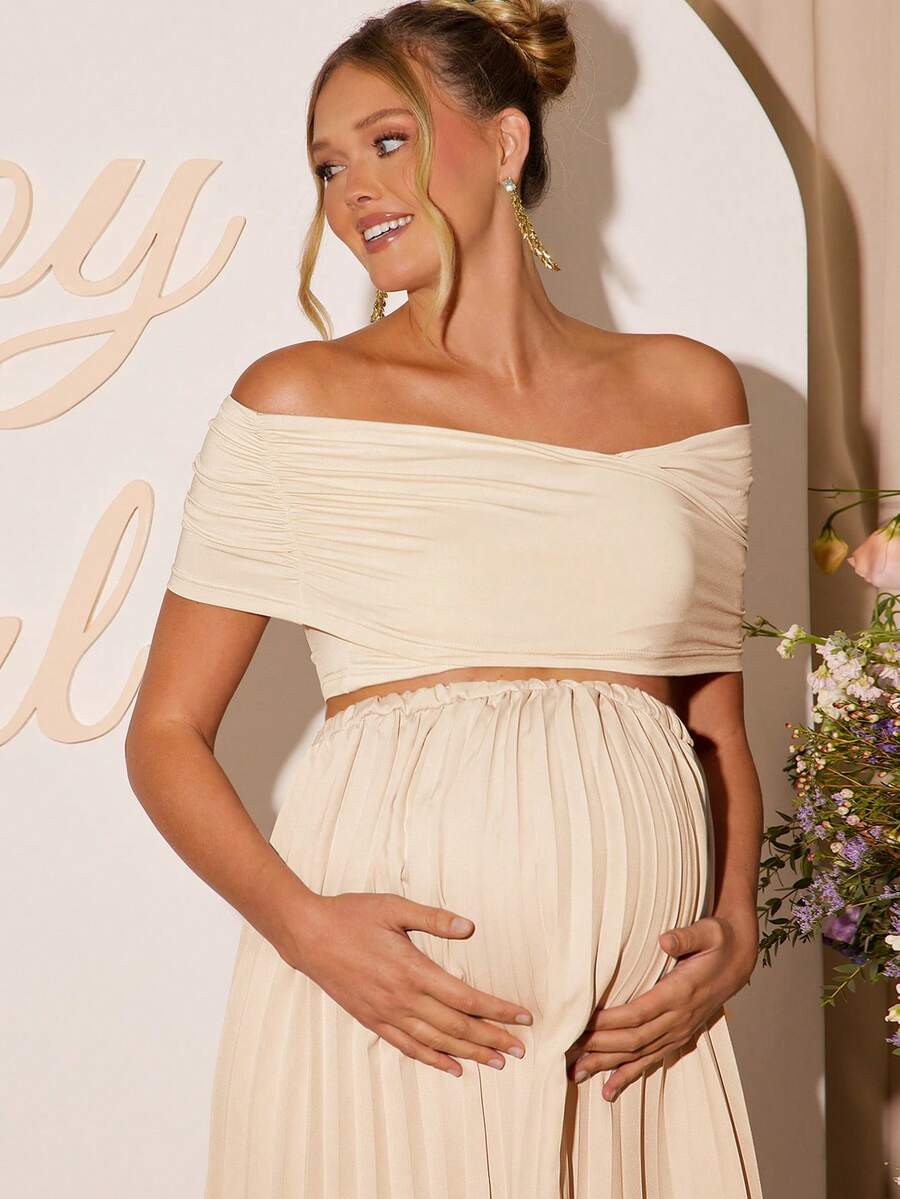 Maternity 2 Piece Set Off Shoulder Short Sleeve Top and Long Skirt Khaki for Baby Shower and Photoshoot