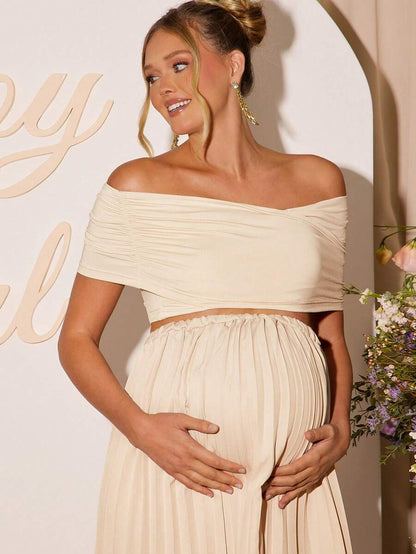 Maternity 2 Piece Set Off Shoulder Short Sleeve Top and Long Skirt Khaki for Baby Shower and Photoshoot