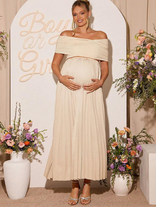 Maternity 2 Piece Set Off Shoulder Short Sleeve Top and Long Skirt Khaki for Baby Shower and Photoshoot