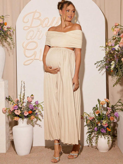 Maternity 2 Piece Set Off Shoulder Short Sleeve Top and Long Skirt Khaki for Baby Shower and Photoshoot