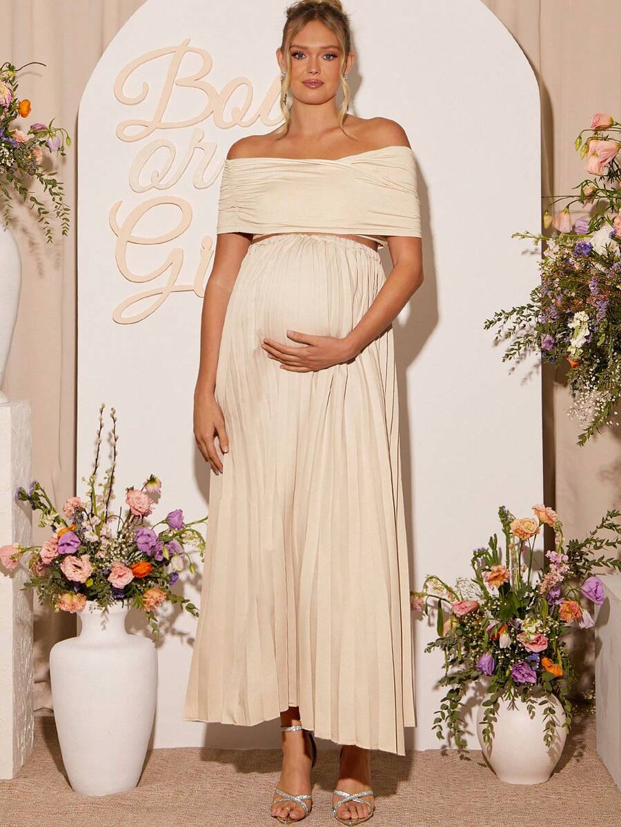 Maternity 2 Piece Set Off Shoulder Short Sleeve Top and Long Skirt Khaki for Baby Shower and Photoshoot