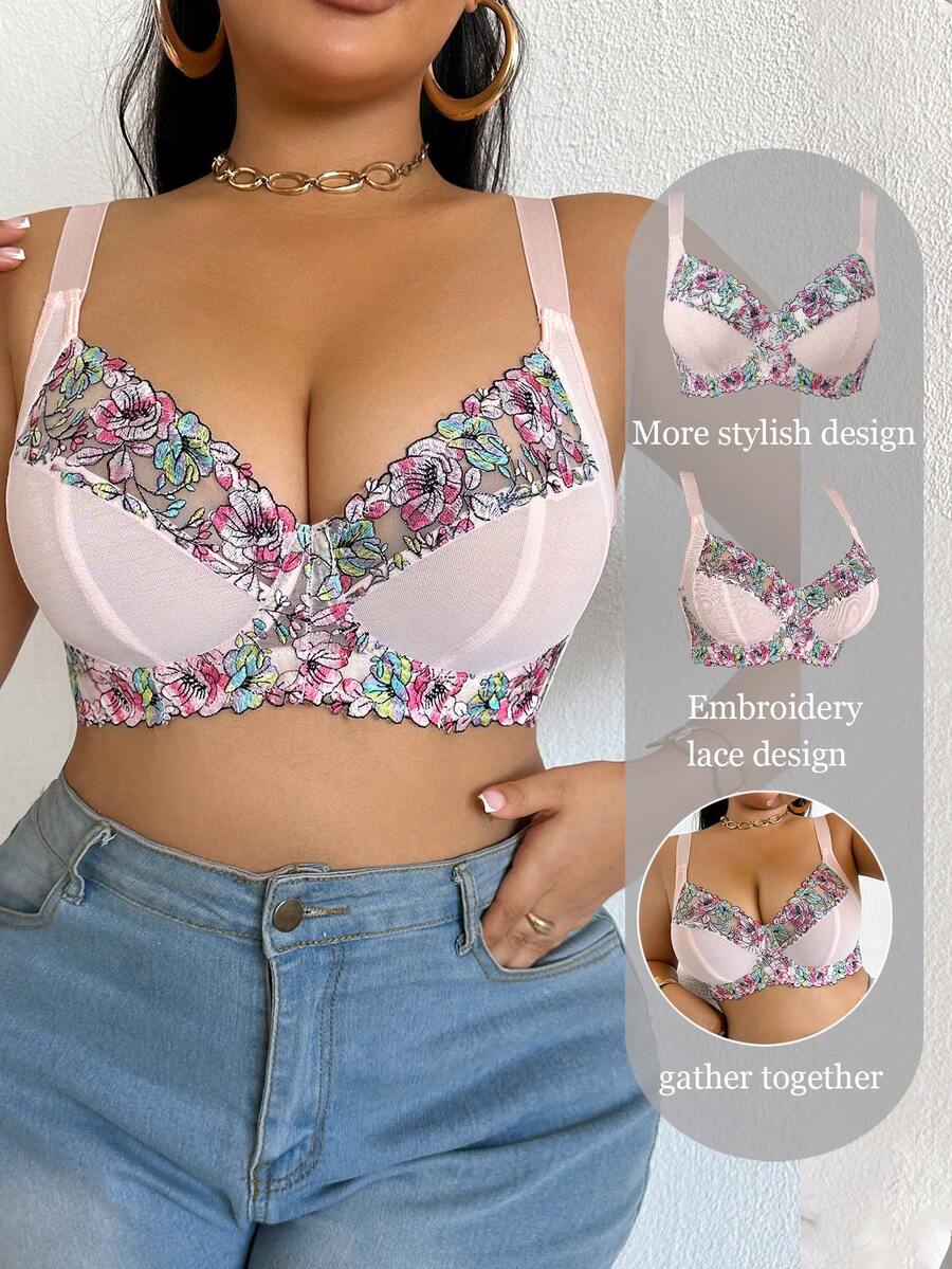 Plus Size Elegant Floral Embroidery Underwire Bra