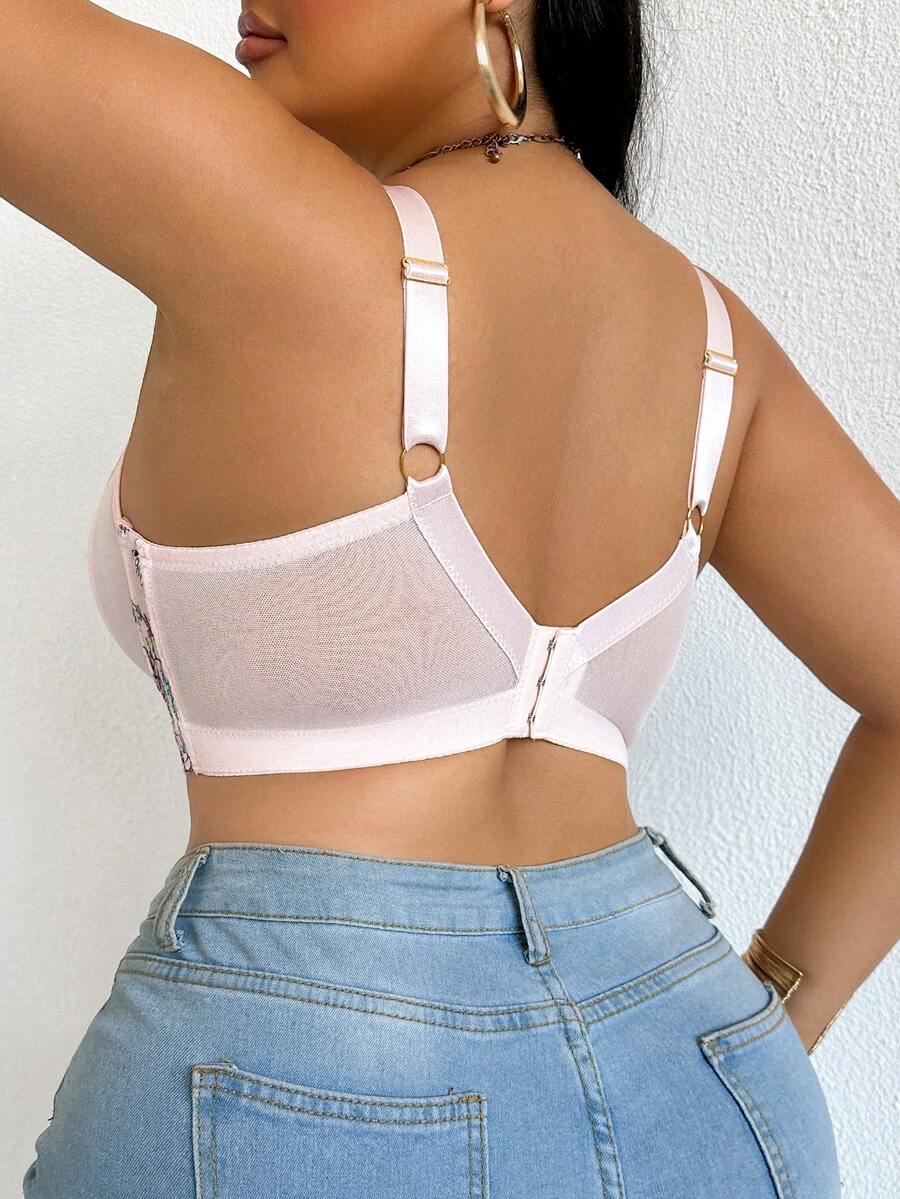 Plus Size Elegant Floral Embroidery Underwire Bra