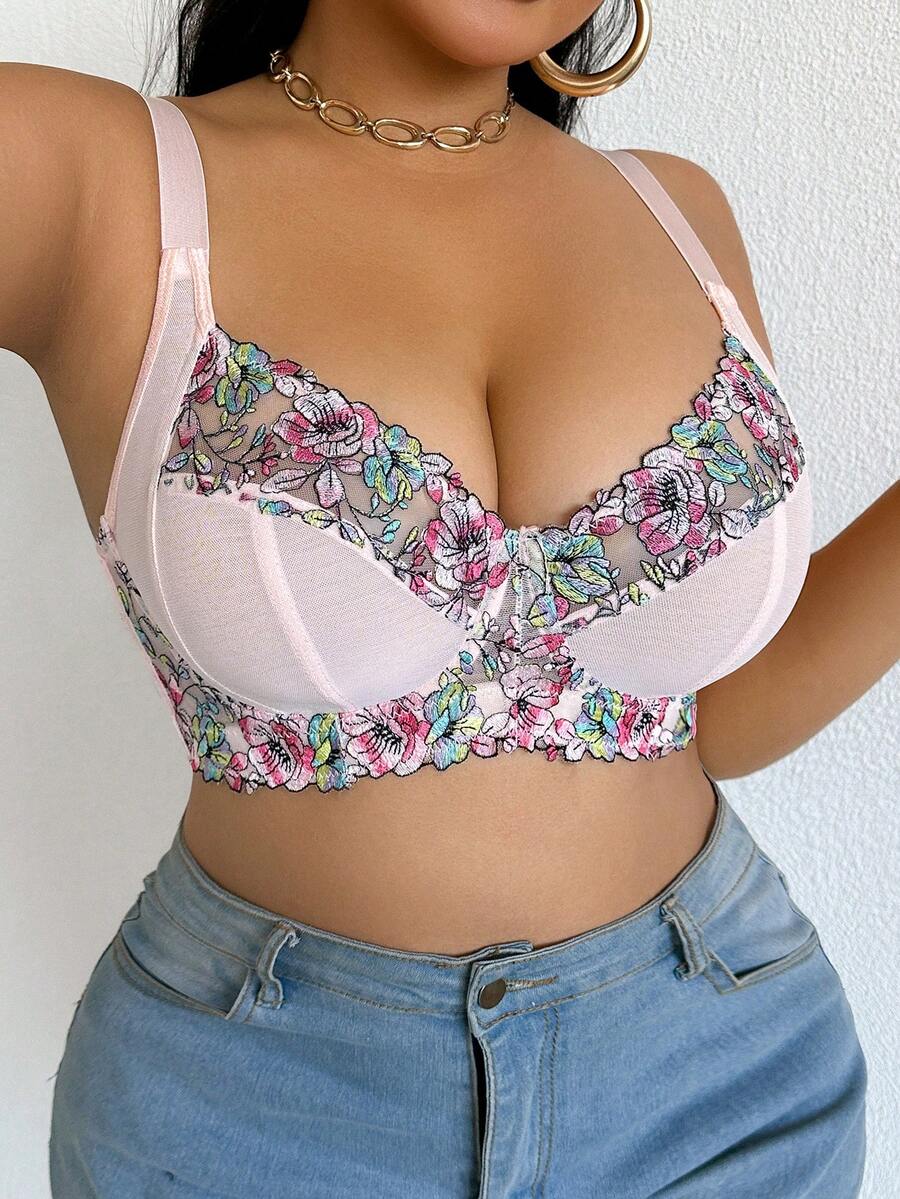 Plus Size Elegant Floral Embroidery Underwire Bra
