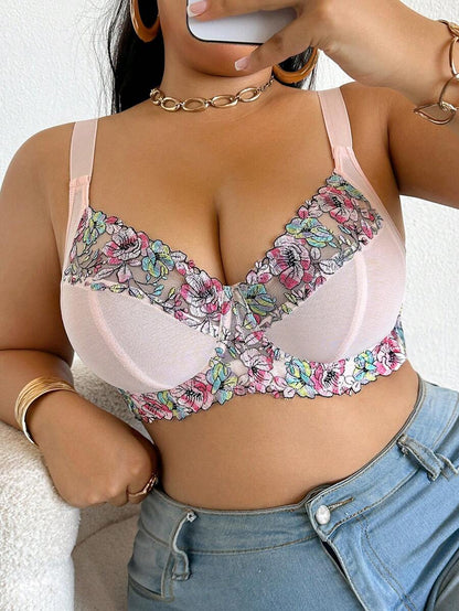 Plus Size Elegant Floral Embroidery Underwire Bra