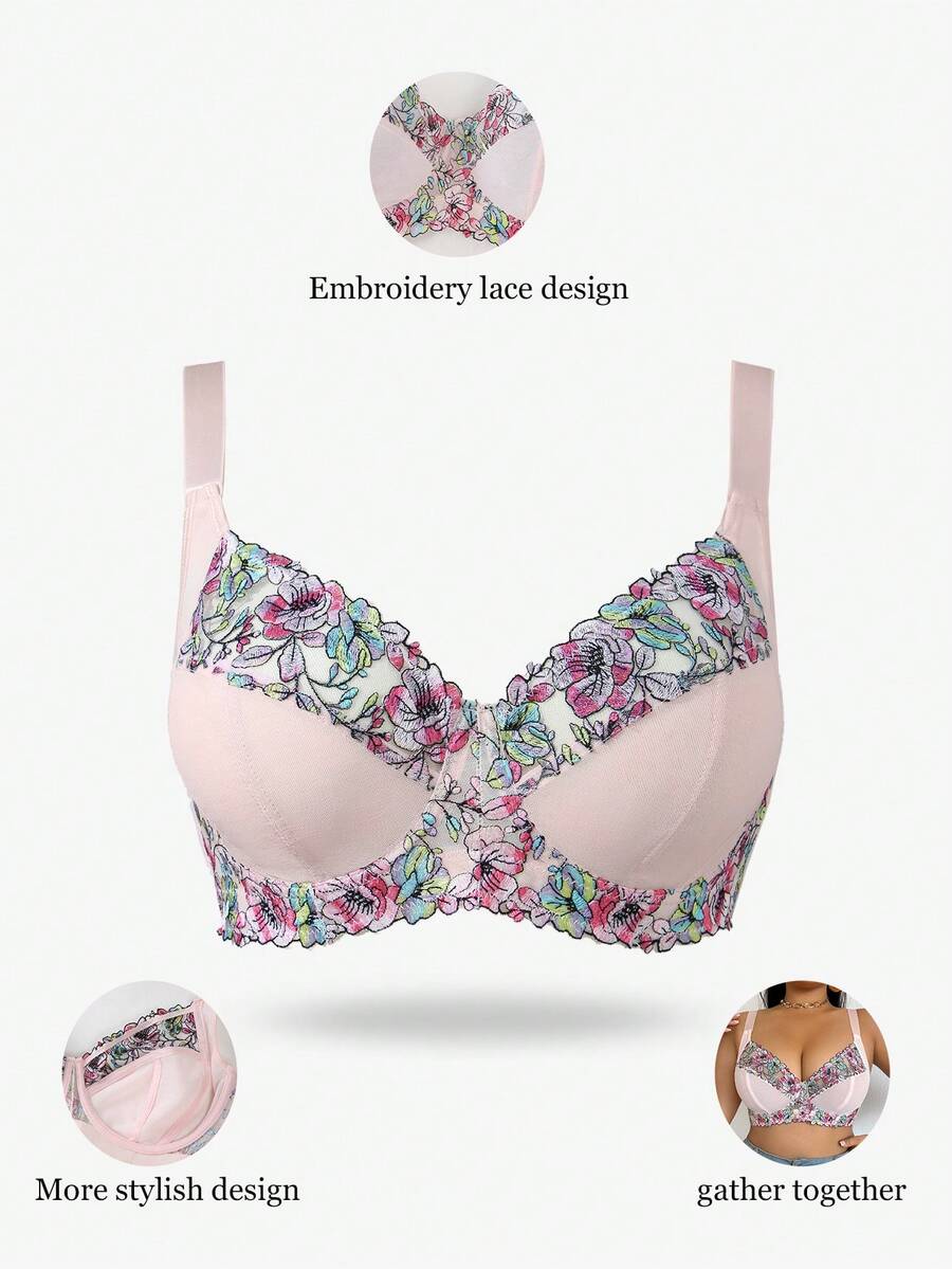 Plus Size Elegant Floral Embroidery Underwire Bra