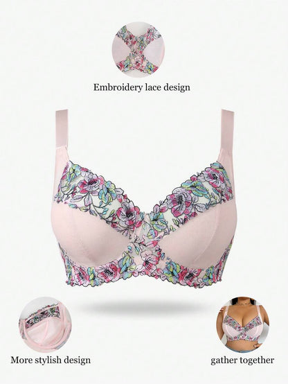 Plus Size Elegant Floral Embroidery Underwire Bra