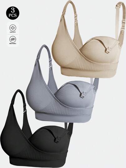 Maternity Nursing Bra 3 Pack - Seamless Crossover Double Hook Soft Breastfeeding, All Season