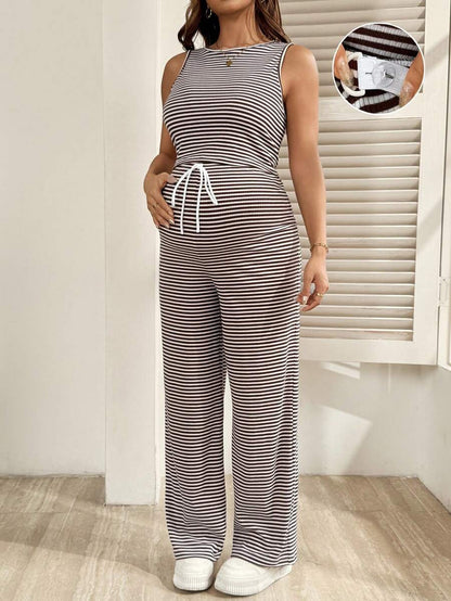 2-Piece Striped Maternity Camisole and Pants Set - Brown Slim Fit Sleeveless Top and Long Drawstring Pants Terno Outfit