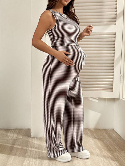 2-Piece Striped Maternity Camisole and Pants Set - Brown Slim Fit Sleeveless Top and Long Drawstring Pants Terno Outfit