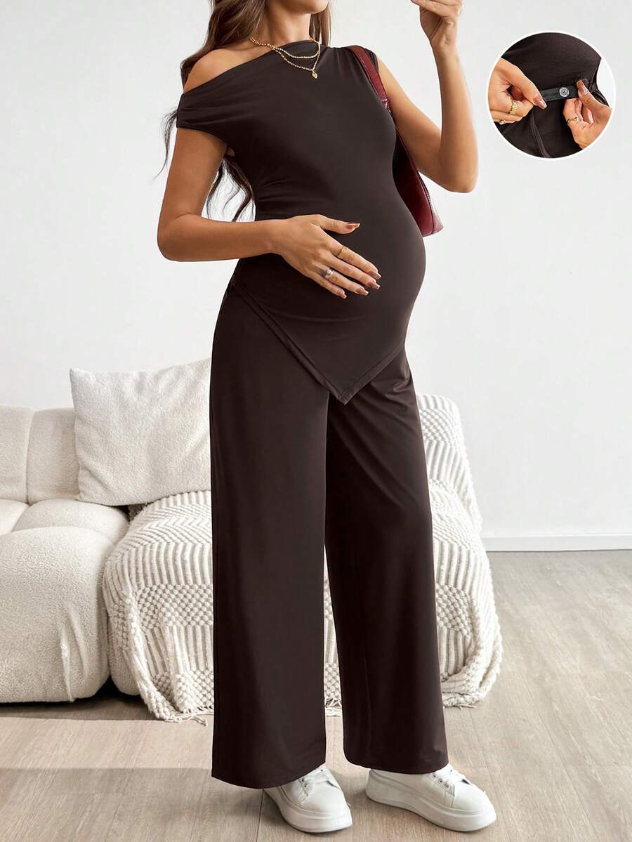 2-Piece Maternity Off-Shoulder Asymmetrical Top and Wide Leg Pants Set - Adjustable Waist Black Long Sleeve Casual Lounge Set