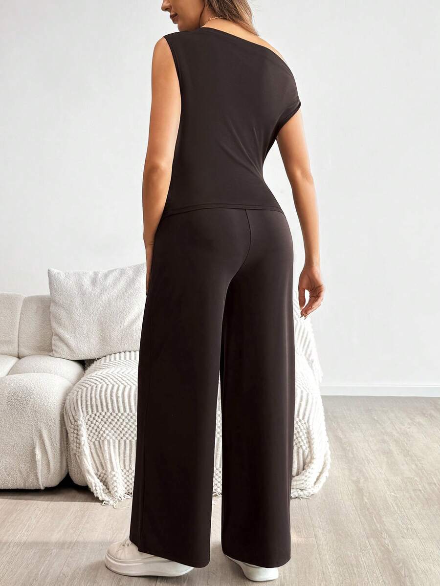 2-Piece Maternity Off-Shoulder Asymmetrical Top and Wide Leg Pants Set - Adjustable Waist Black Long Sleeve Casual Lounge Set