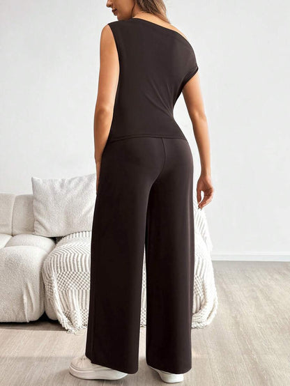 2-Piece Maternity Off-Shoulder Asymmetrical Top and Wide Leg Pants Set - Adjustable Waist Black Long Sleeve Casual Lounge Set