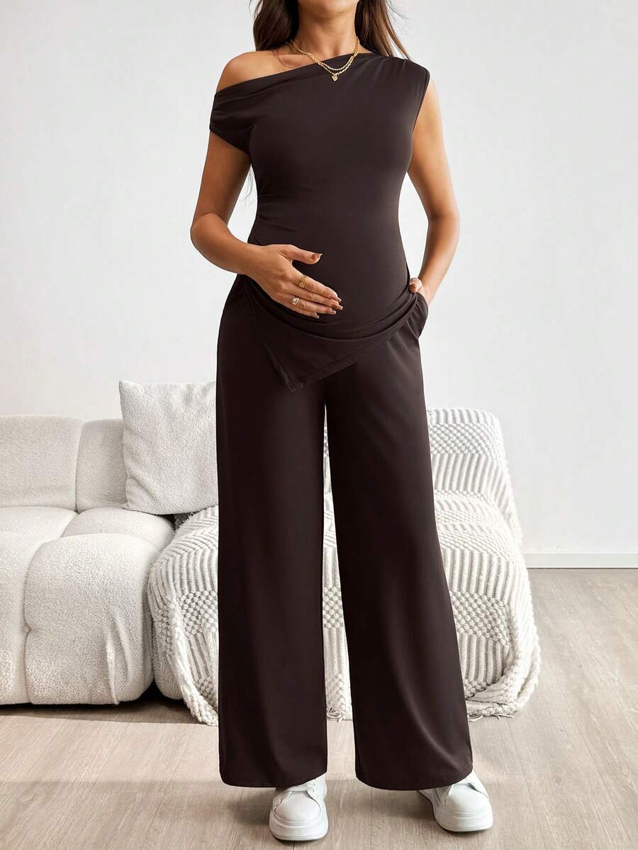 2-Piece Maternity Off-Shoulder Asymmetrical Top and Wide Leg Pants Set - Adjustable Waist Black Long Sleeve Casual Lounge Set
