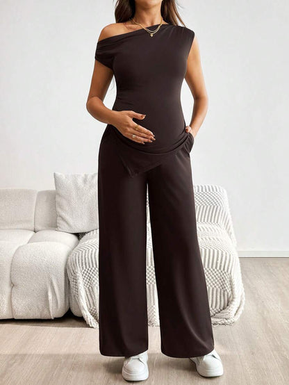 2-Piece Maternity Off-Shoulder Asymmetrical Top and Wide Leg Pants Set - Adjustable Waist Black Long Sleeve Casual Lounge Set