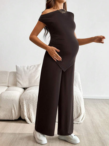 2-Piece Maternity Off-Shoulder Asymmetrical Top and Wide Leg Pants Set - Adjustable Waist Black Long Sleeve Casual Lounge Set