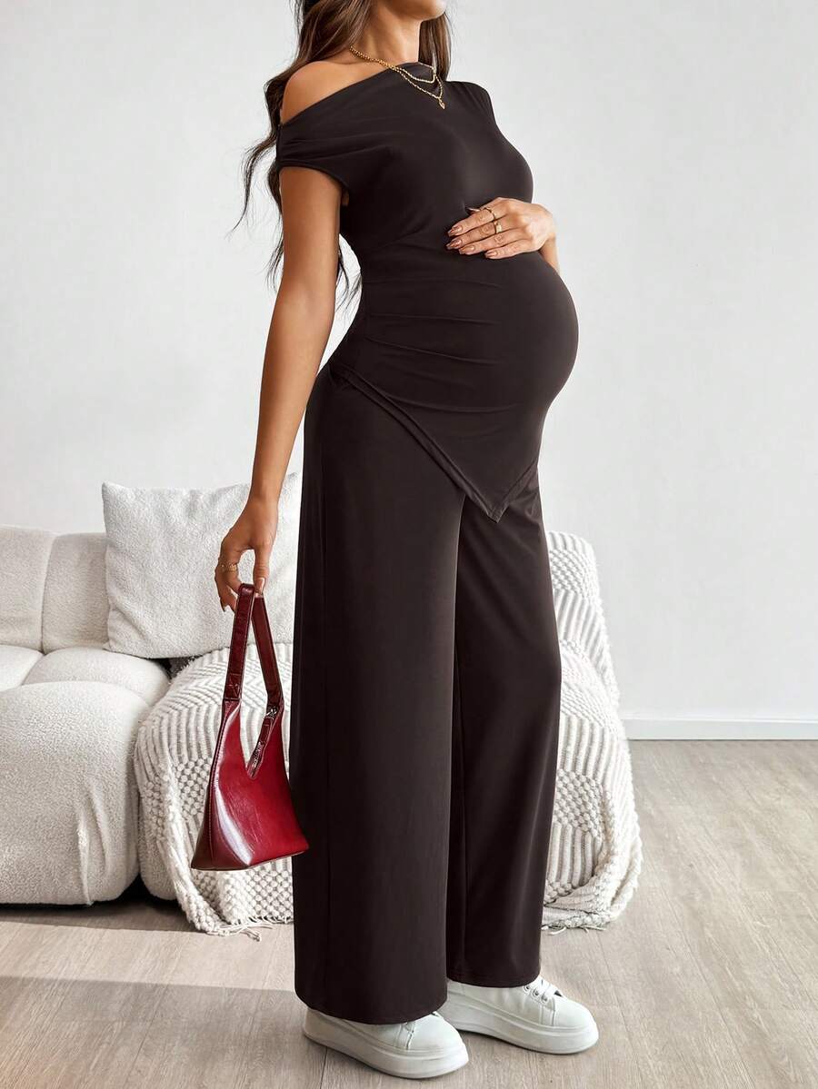 2-Piece Maternity Off-Shoulder Asymmetrical Top and Wide Leg Pants Set - Adjustable Waist Black Long Sleeve Casual Lounge Set