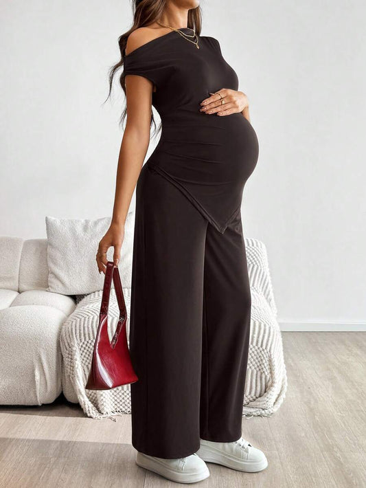 2-Piece Maternity Off-Shoulder Asymmetrical Top and Wide Leg Pants Set - Adjustable Waist Black Long Sleeve Casual Lounge Set