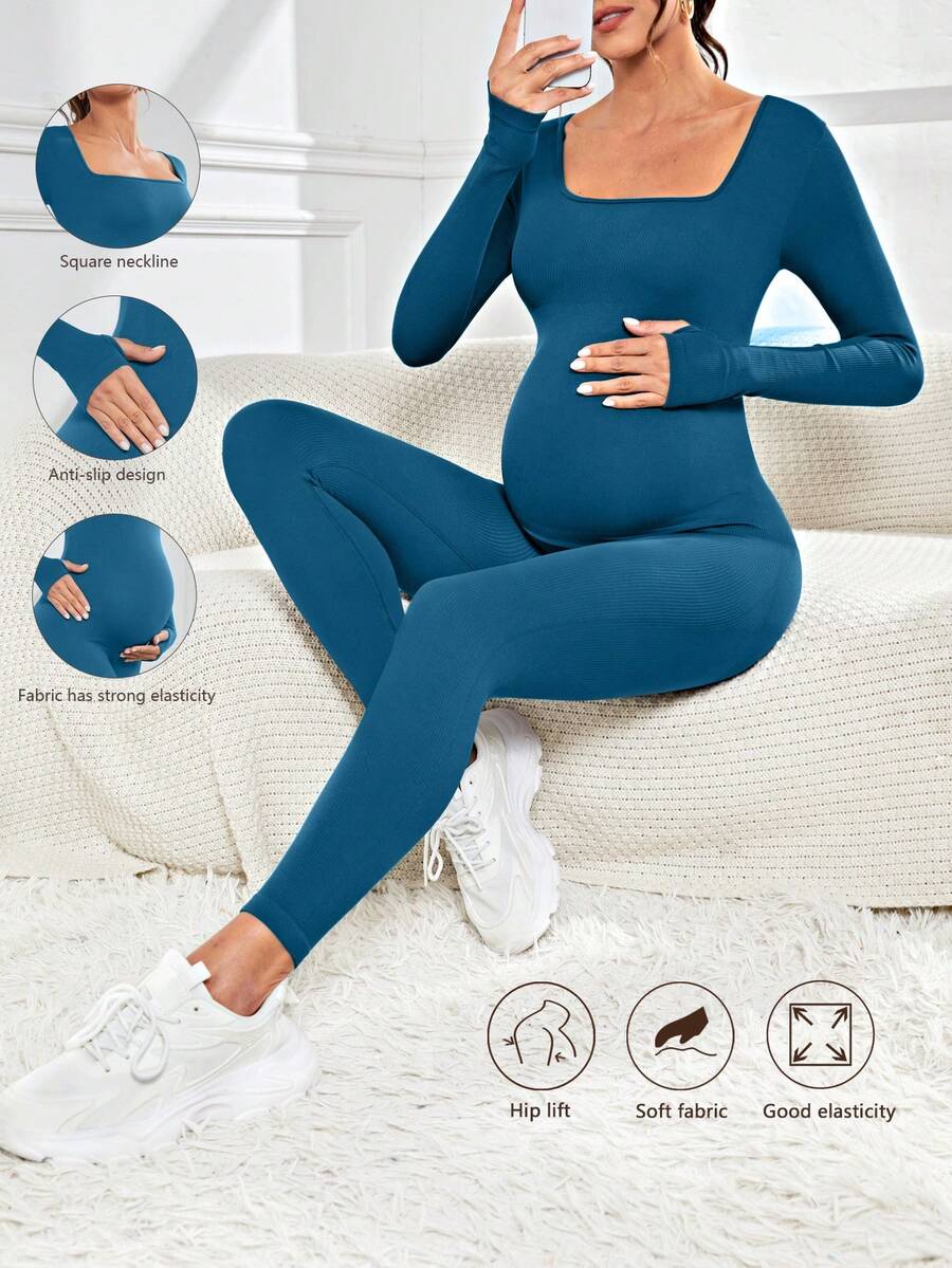 Pregnant Women's Ribbed Round Neck Jumpsuit For Maternity With Long Sleeve