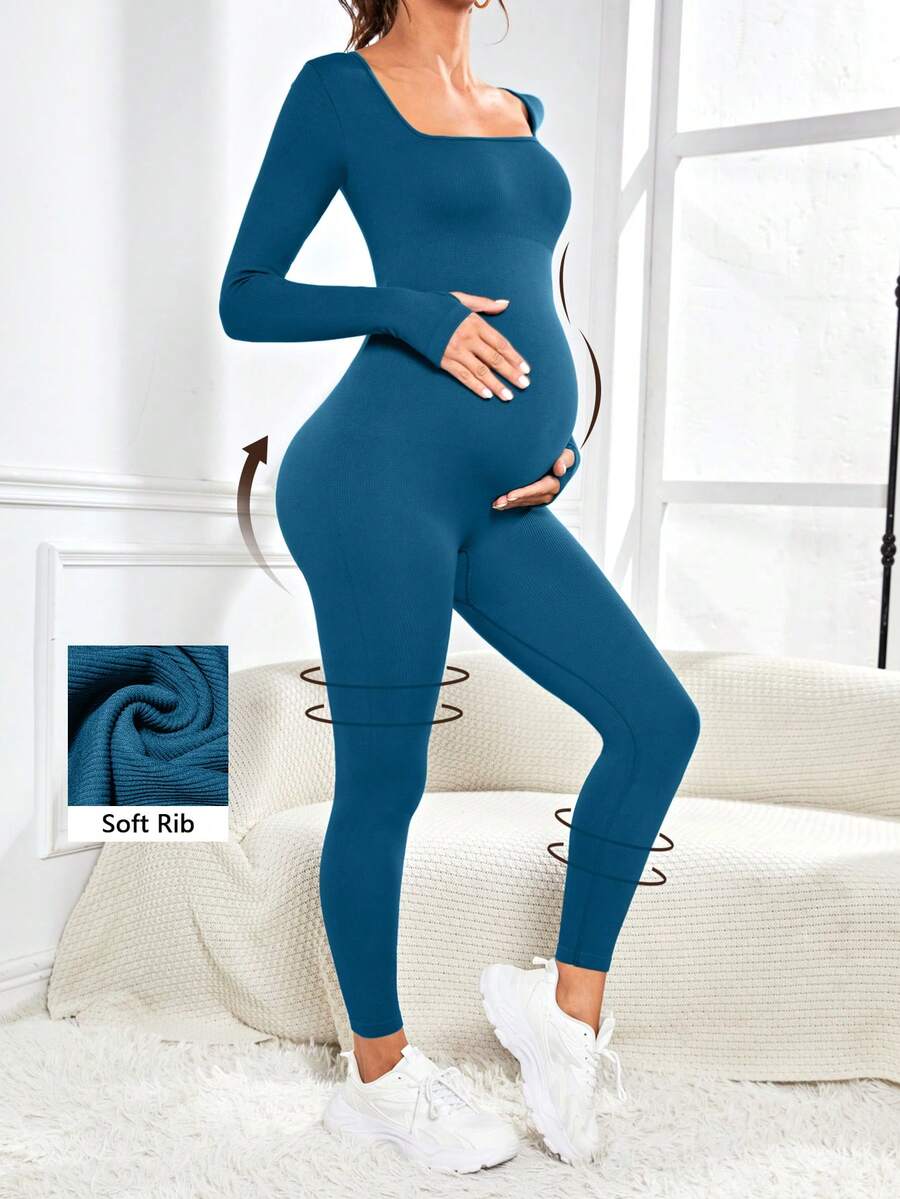 Pregnant Women's Ribbed Round Neck Jumpsuit For Maternity With Long Sleeve