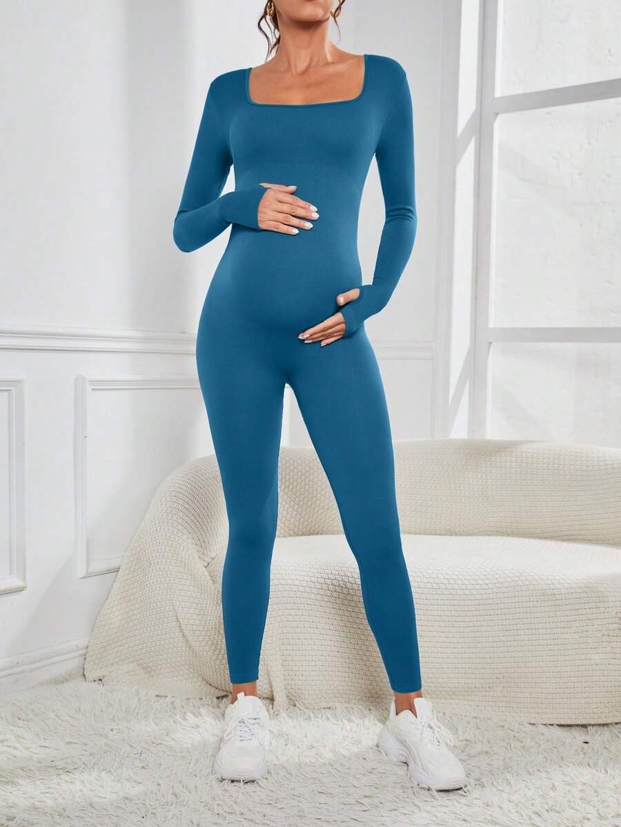 Pregnant Women's Ribbed Round Neck Jumpsuit For Maternity With Long Sleeve