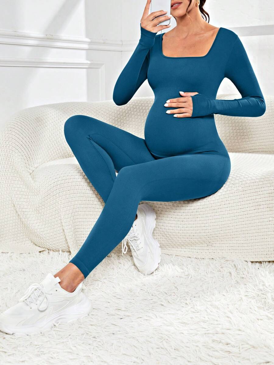 Pregnant Women's Ribbed Round Neck Jumpsuit For Maternity With Long Sleeve