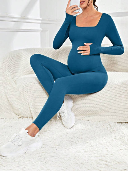 Pregnant Women's Ribbed Round Neck Jumpsuit For Maternity With Long Sleeve