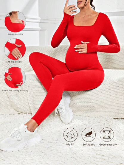 Pregnant Women's Ribbed Round Neck Jumpsuit For Maternity With Long Sleeve