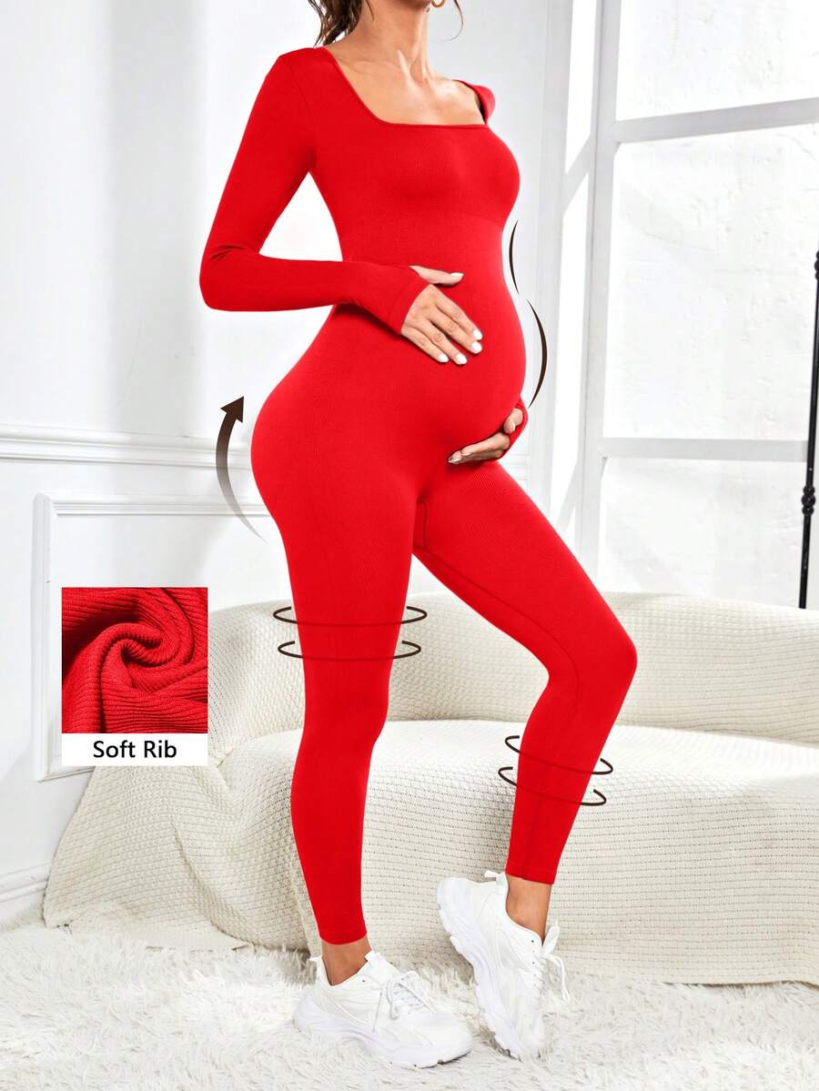 Pregnant Women's Ribbed Round Neck Jumpsuit For Maternity With Long Sleeve
