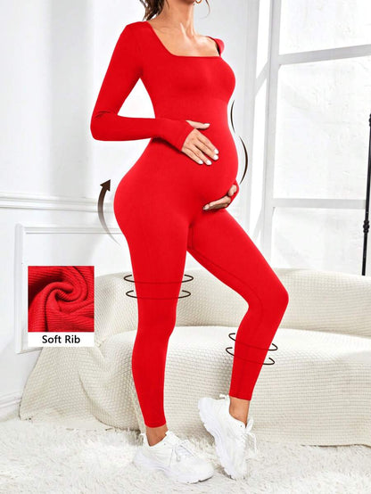 Pregnant Women's Ribbed Round Neck Jumpsuit For Maternity With Long Sleeve