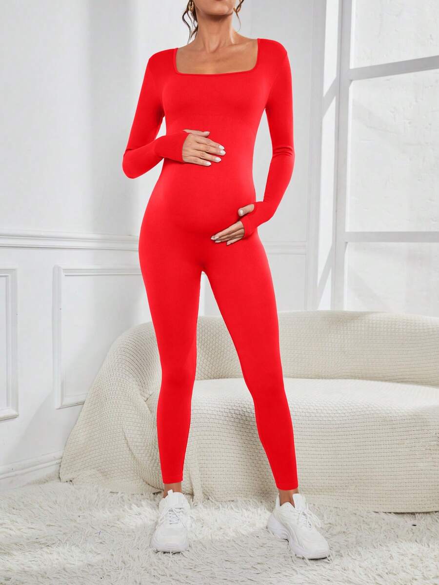 Pregnant Women's Ribbed Round Neck Jumpsuit For Maternity With Long Sleeve