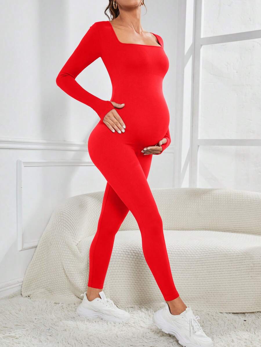 Pregnant Women's Ribbed Round Neck Jumpsuit For Maternity With Long Sleeve