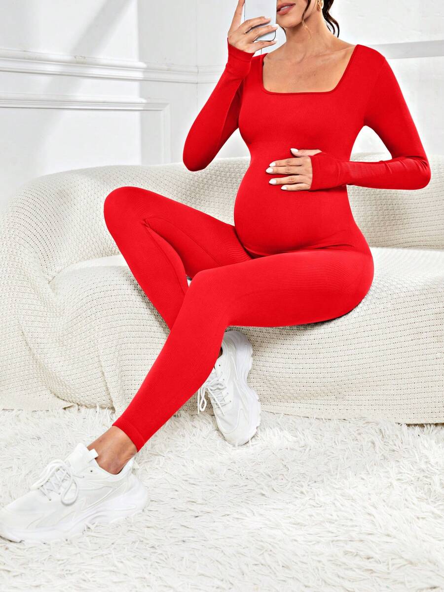Pregnant Women's Ribbed Round Neck Jumpsuit For Maternity With Long Sleeve