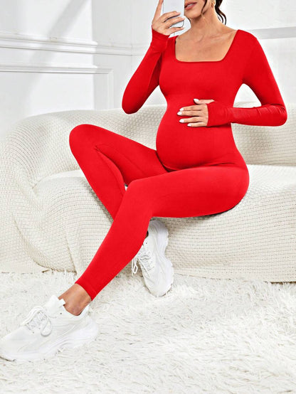 Pregnant Women's Ribbed Round Neck Jumpsuit For Maternity With Long Sleeve