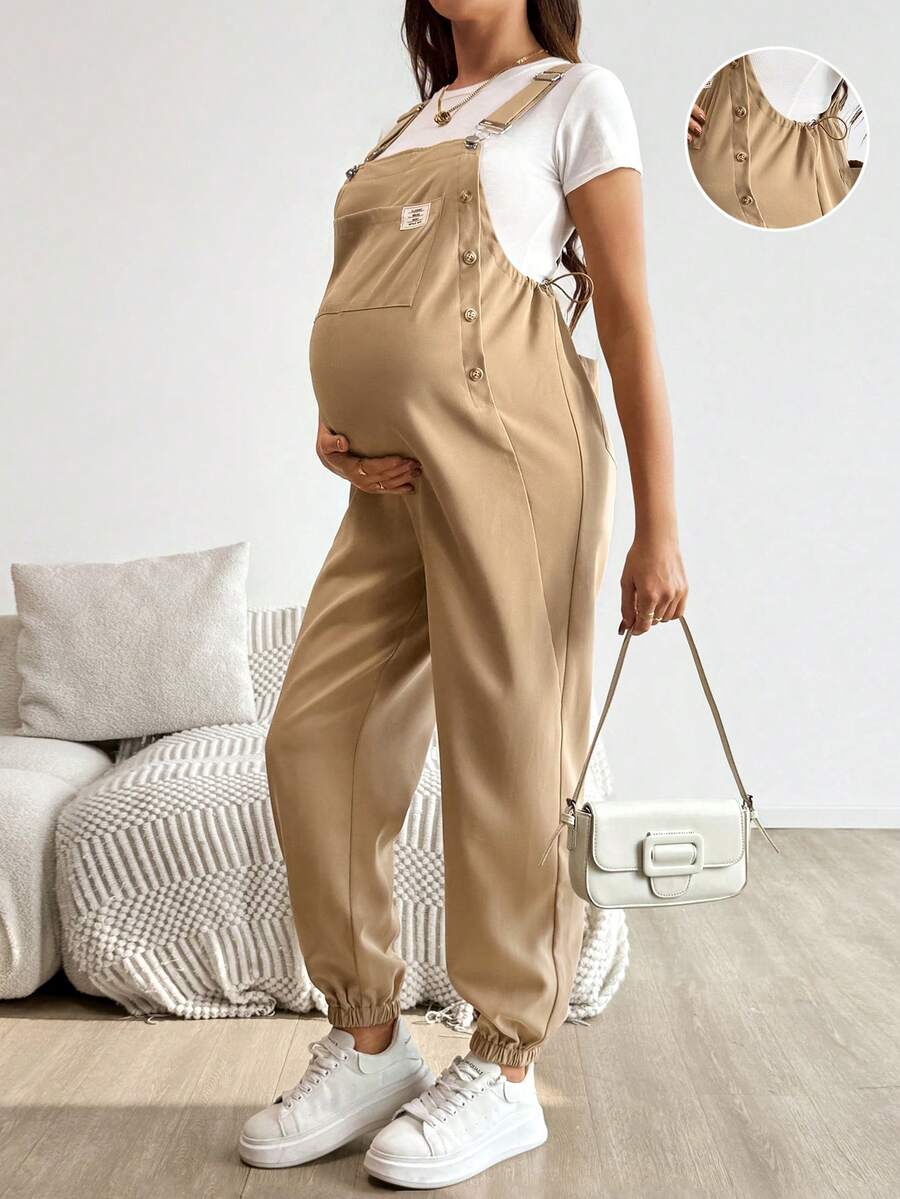 Blue Maternity Patch Pocket Casual Bib Overalls – Loose Fit Sleeveless Solid Color Jumpsuit with Straps and Medium Stretch Woven Fabric